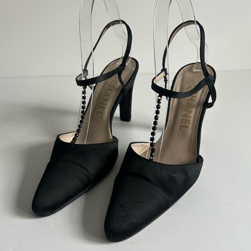 CHANEL Vintage Black Silk Satin T-Strap Heels Rhinestone Detail Karl Lagerfeld - Picture 8 of 13